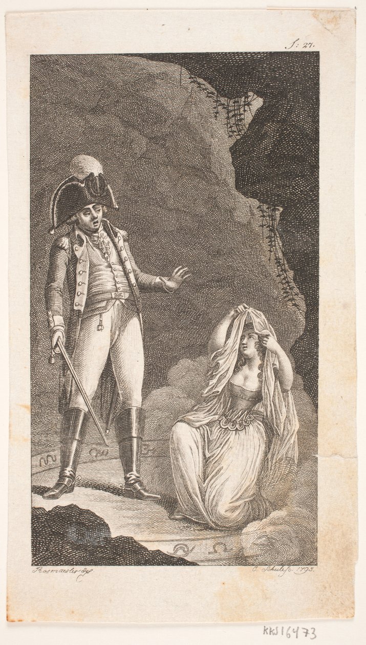 Ilustración con oficial y dama arrodillada de Georg Christian Schule