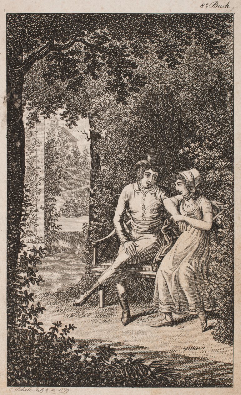 Ilustración con pareja en un banco en un jardín de Georg Christian Schule