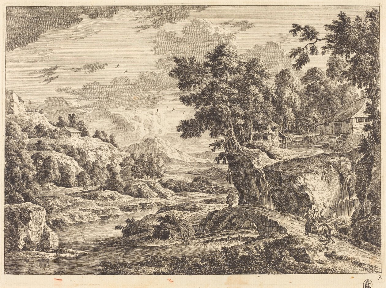 Paisaje con un puente y tres edificios de granja de Georg Eisenmann