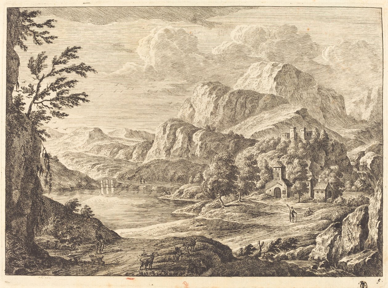 Paisaje montañoso con un castillo en ruinas y un puente arqueado en la distancia de Georg Eisenmann