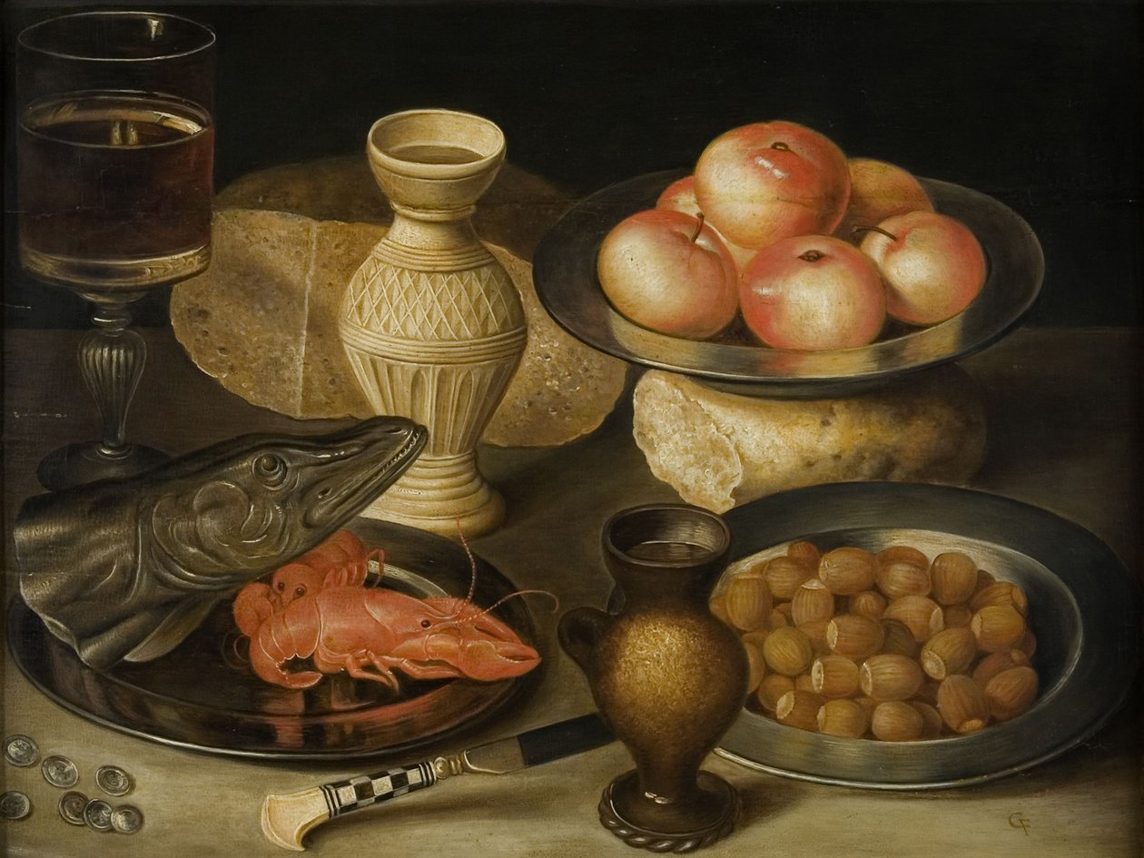 Bodegón con jarra de gres de Siegburg, vaso, cuchillo, dos panes, principios del siglo XVII de Georg Flegel