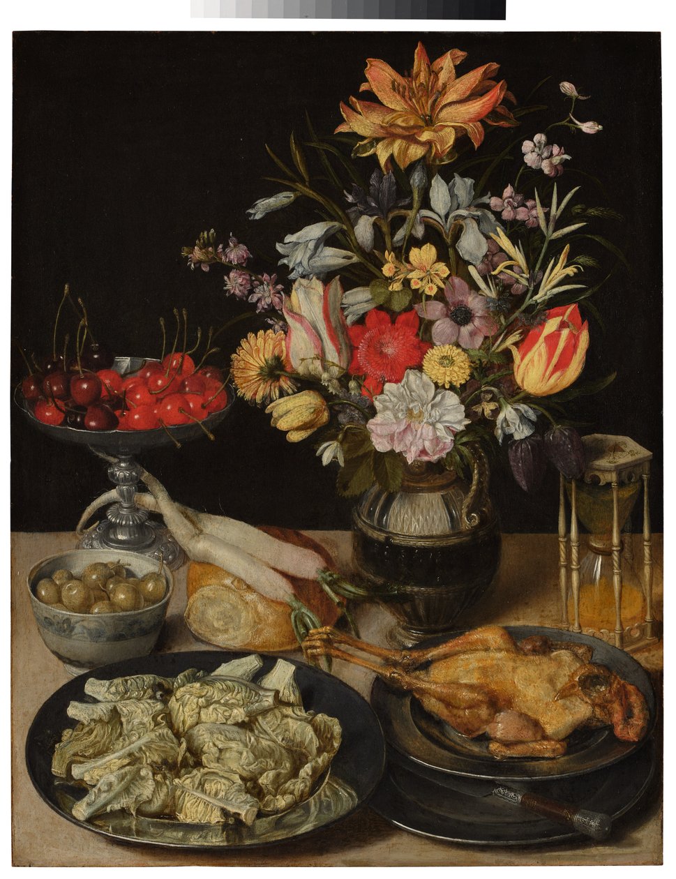 Bodegón con flores y alimentos de Georg Flegel