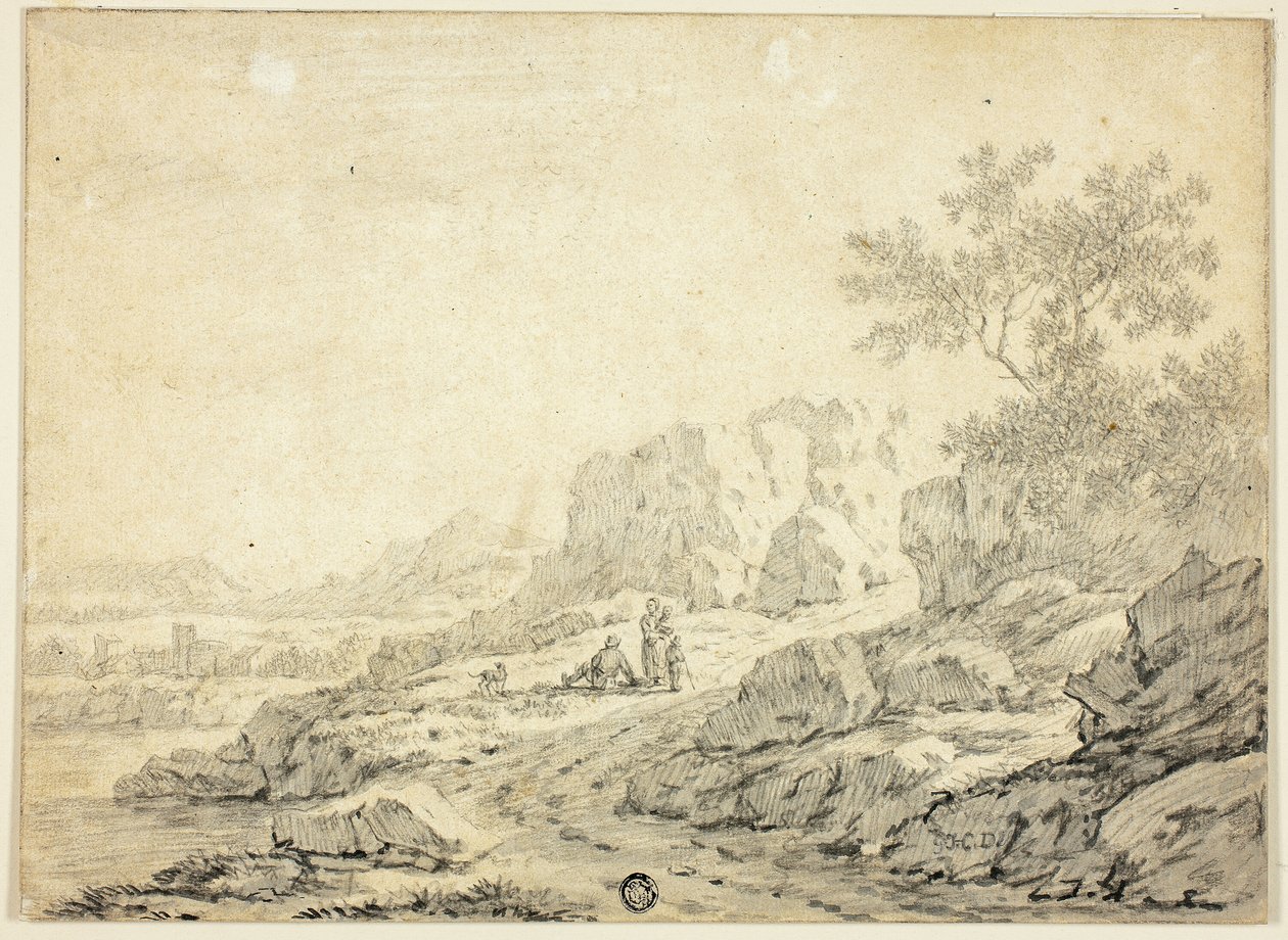 Paisaje rocoso con figuras y perro en el camino de Georg Friedrich Dietzsch