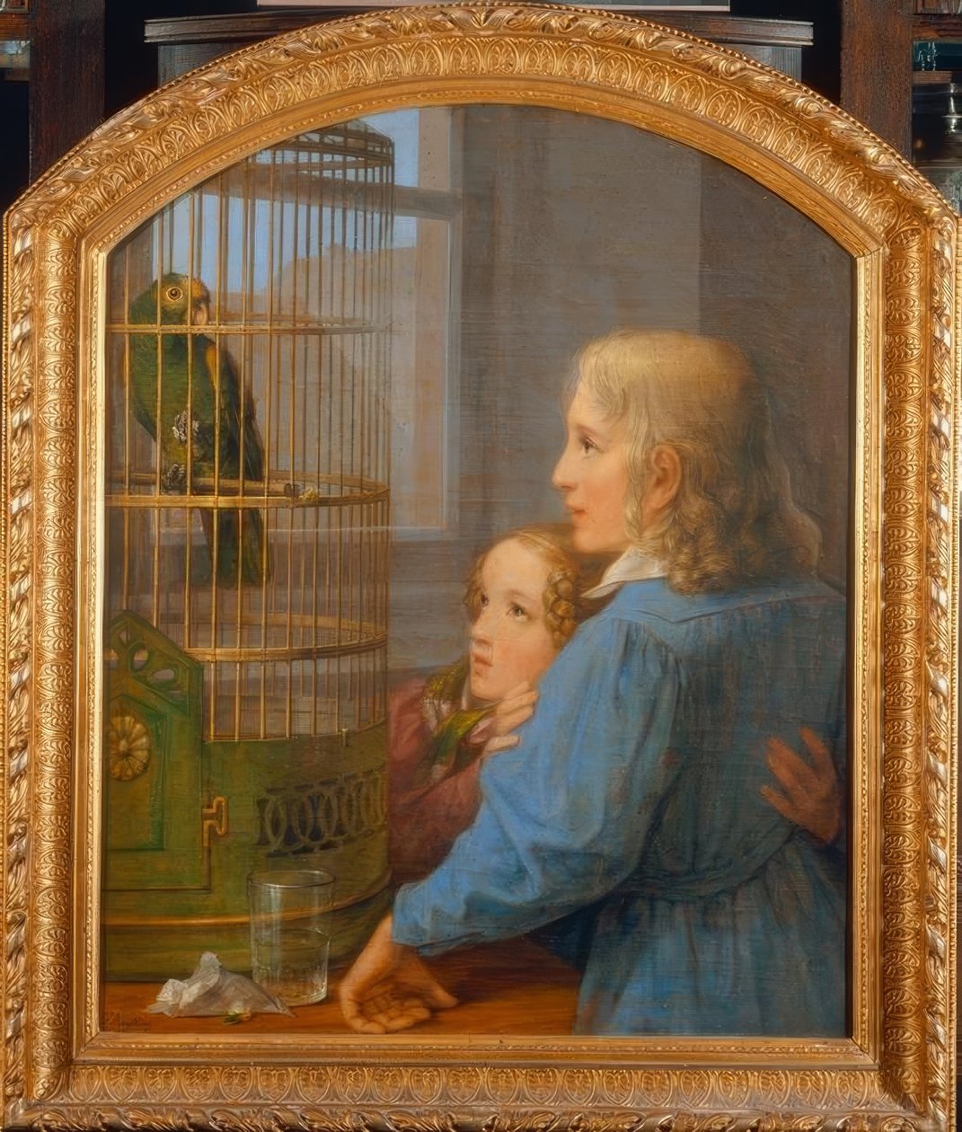 Dos niños frente a una jaula de loros de Georg Friedrich Kersting