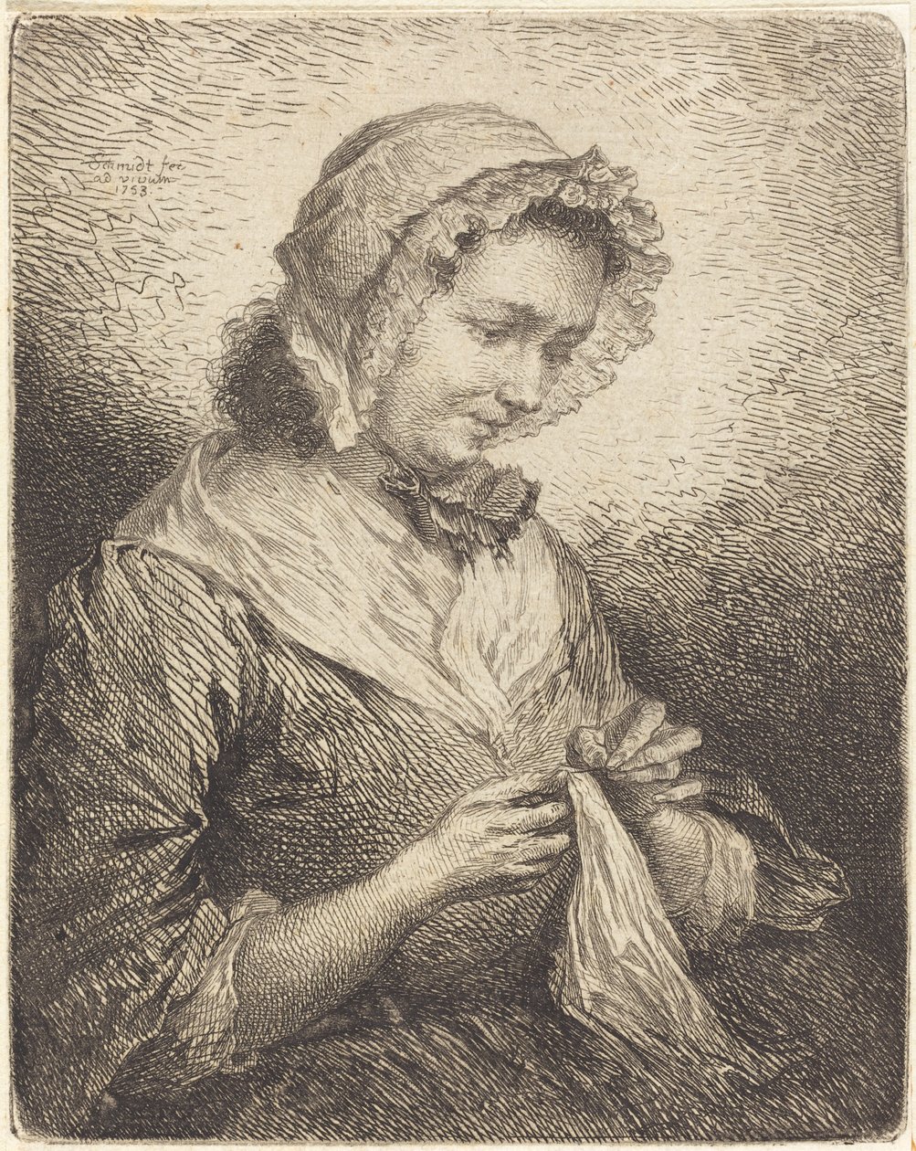 La esposa del artista cosiendo de Georg Friedrich Schmidt