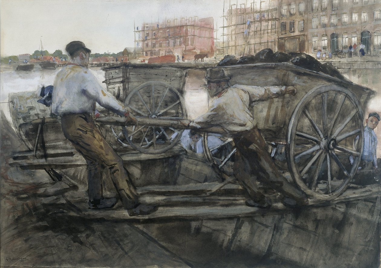 Trabajadores tirando de un carro cargado en Jacob van Lennepkade, Ámsterdam, 1900 de George Hendrik Breitner