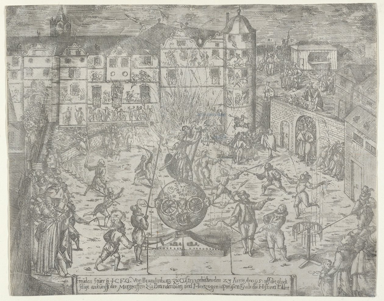 Fuegos artificiales el 23 de junio de 1595, para la entrada a Küstrin del Margrave de Brandeburgo y Du..., 1595 de Georg Keller