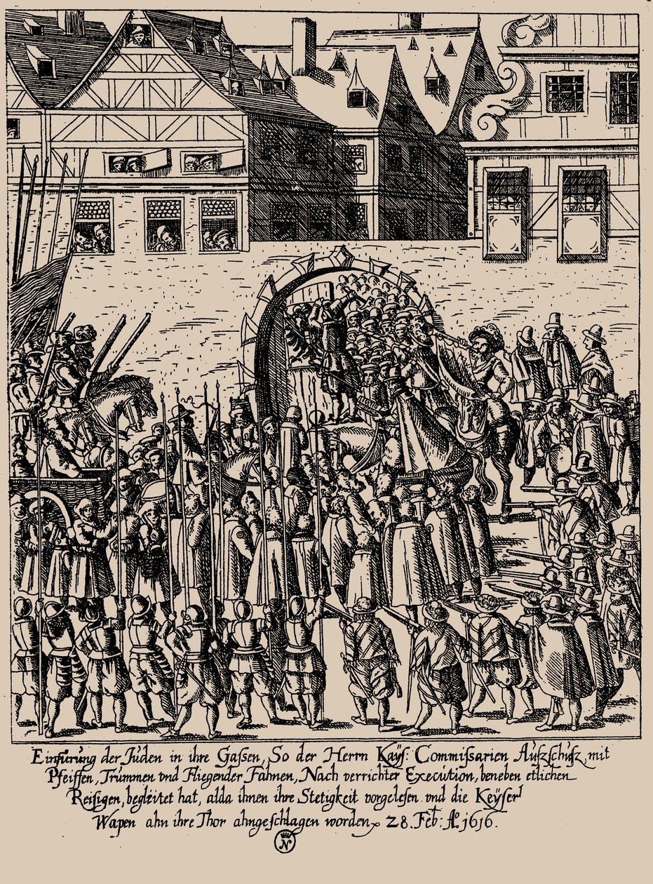 El levantamiento de Fettmilch. Reintroducción de los judíos en Frankfurt el 28 de febrero de 1616, c. 1616-1617 de Georg Keller