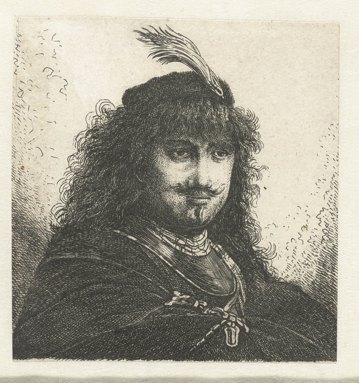 Autorretrato (?) con gorro emplumado y sable bajado de Georg Leopold Hertel