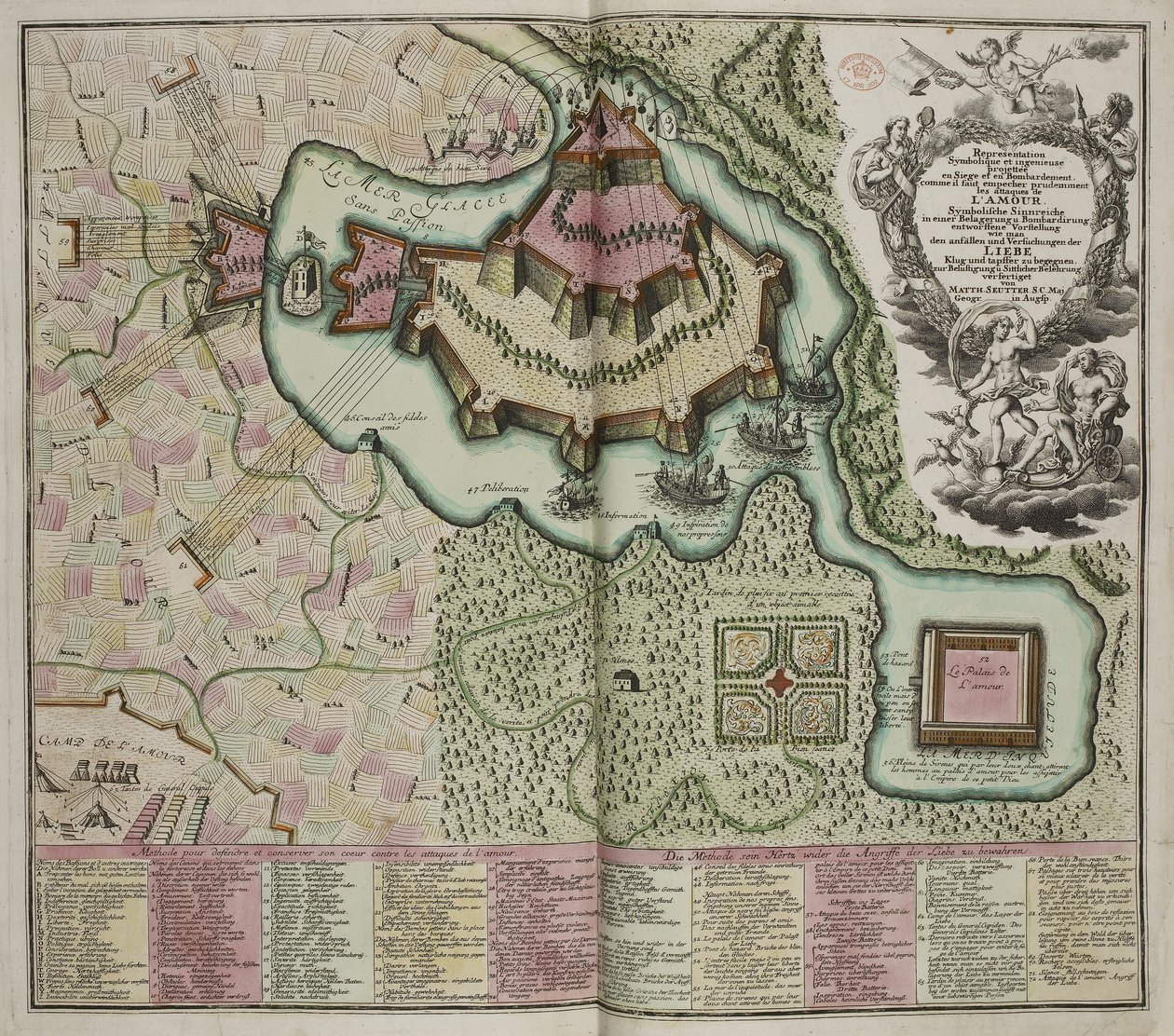 Mapa Alegórico del Asedio del Castillo del Amor de Georg Matthäus Seutter