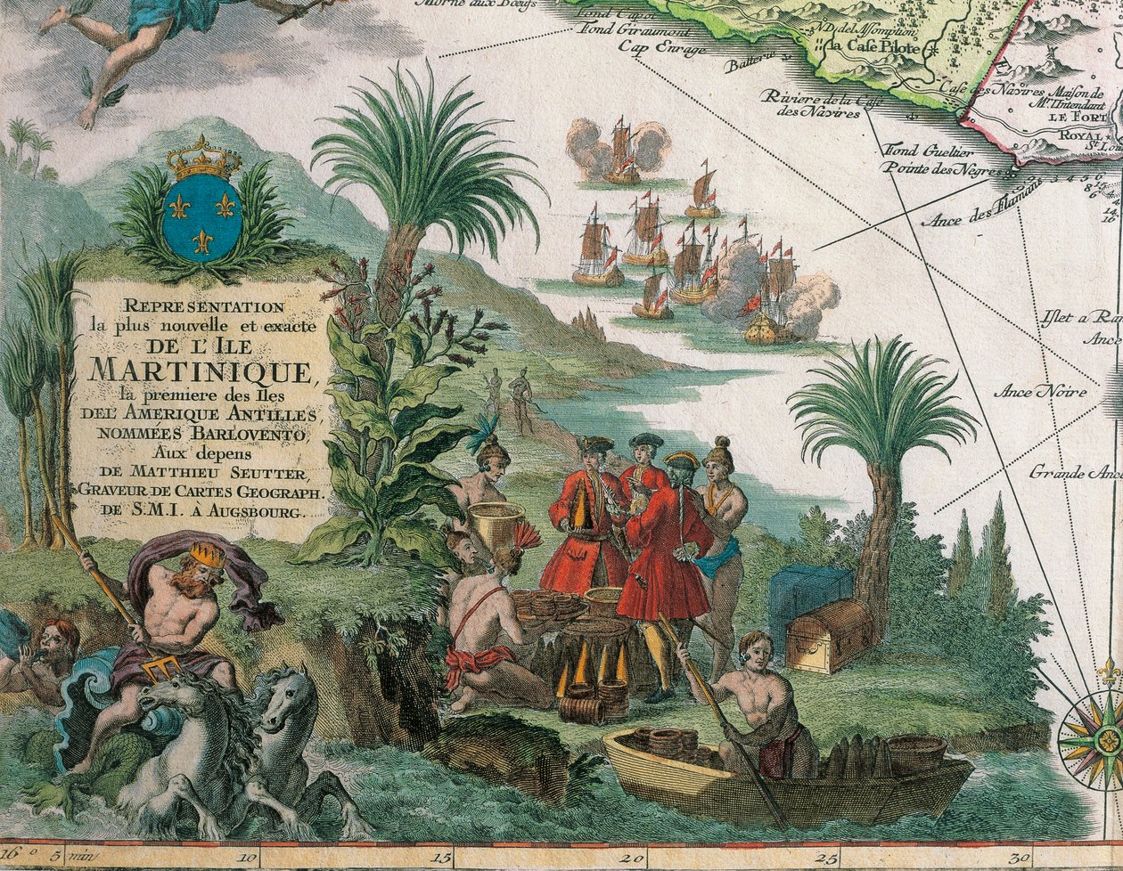 Mapa de Martinica creado por Matthieu Seutter, detalles: Comerciantes e Indígena Americano de Georg Matthäus Seutter