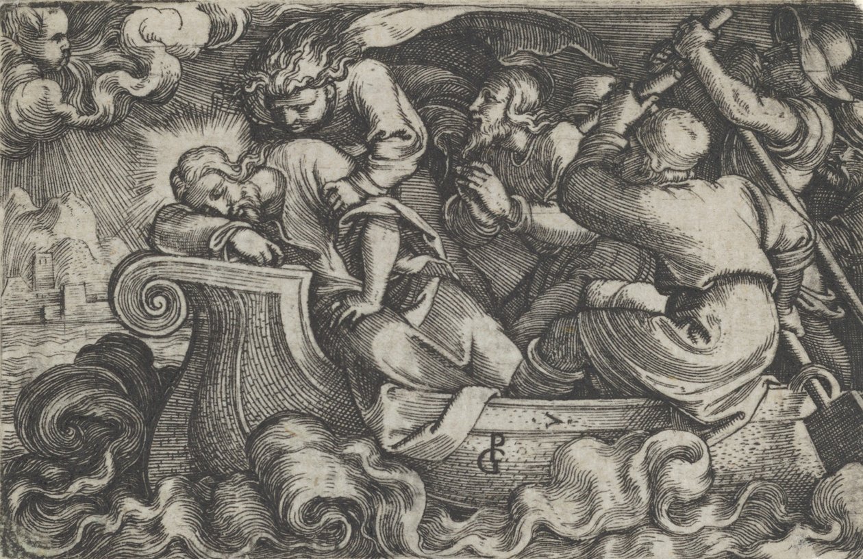 Cristo durmiendo durante la tormenta en el lago Tiberíades, de La historia de Cristo, 1534-35 de Georg Pencz