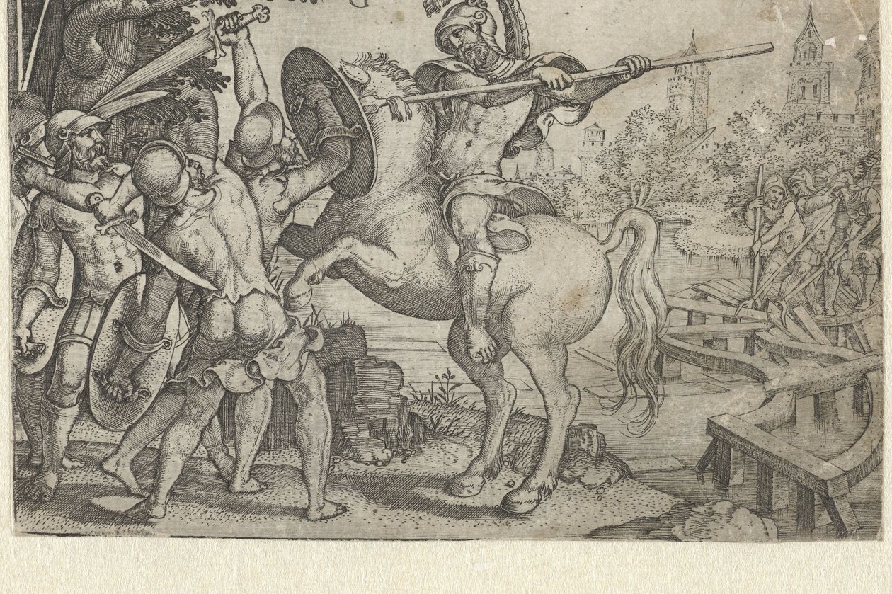 Horace Cocles defiende el puente sobre el Tíber
Cuentos de la historia romana temprana (título de la serie) de Georg Pencz