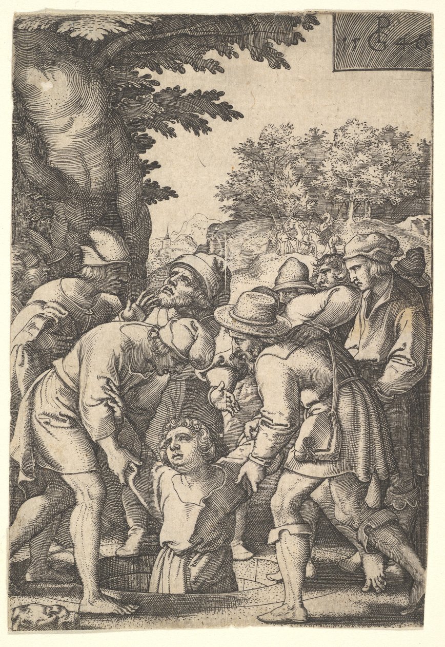 José bajado a un pozo por sus hermanos, de la serie La historia de José, 1546 de Georg Pencz