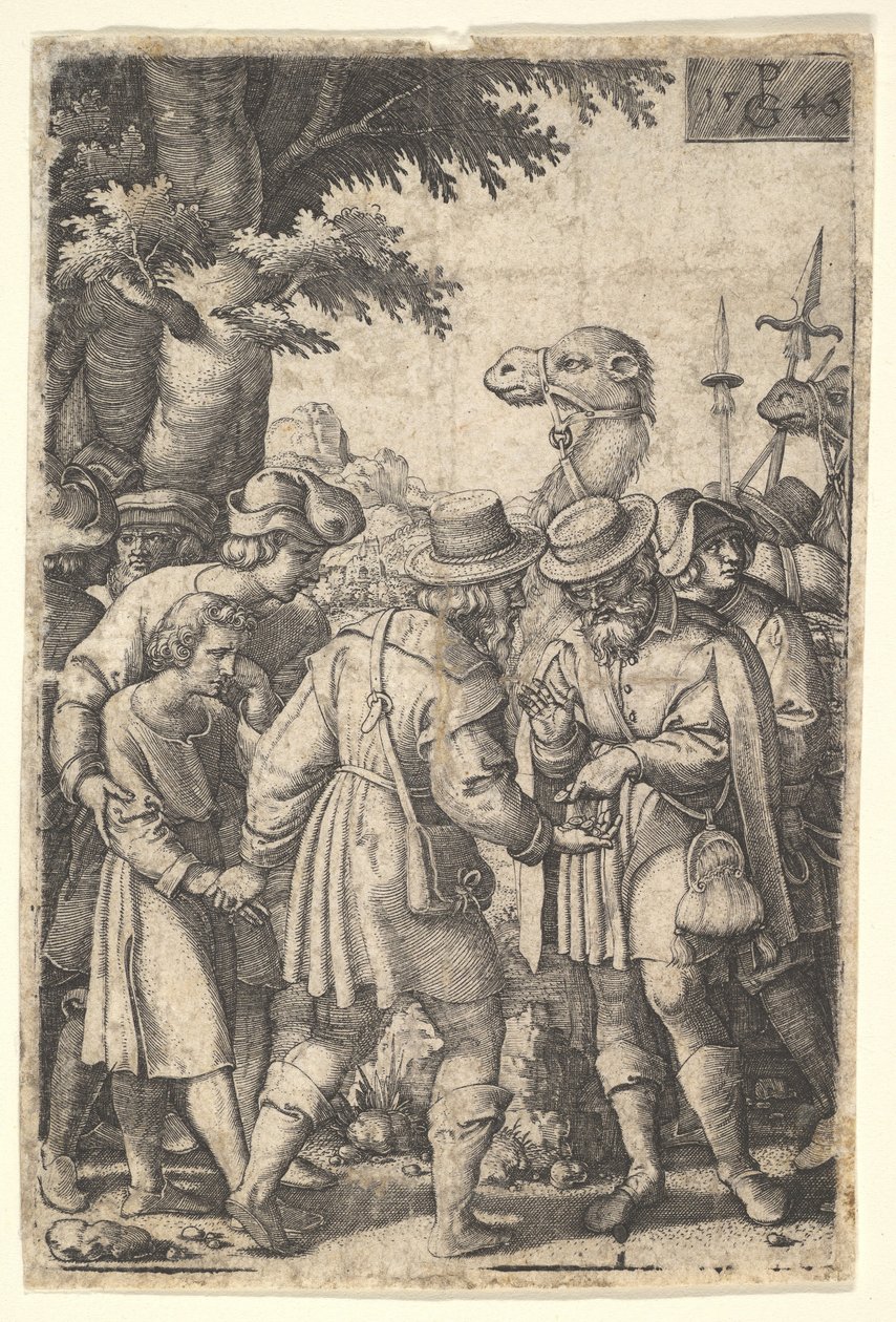 José vendido a los mercaderes: un hombre barbudo agarrando a José con su mano izquierda recibe co..., 1546 de Georg Pencz