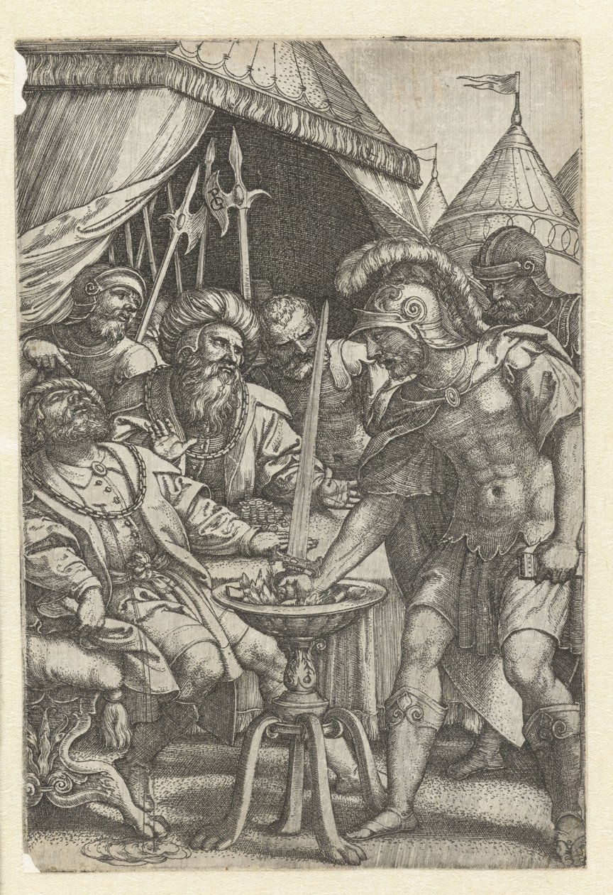 Mucius Scaevola mete la mano derecha en el fuego Héroes romanos (título de la serie) de Georg Pencz