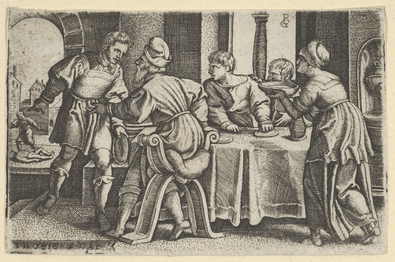 Tobías dejando la mesa, de La historia de Tobías de Georg Pencz
