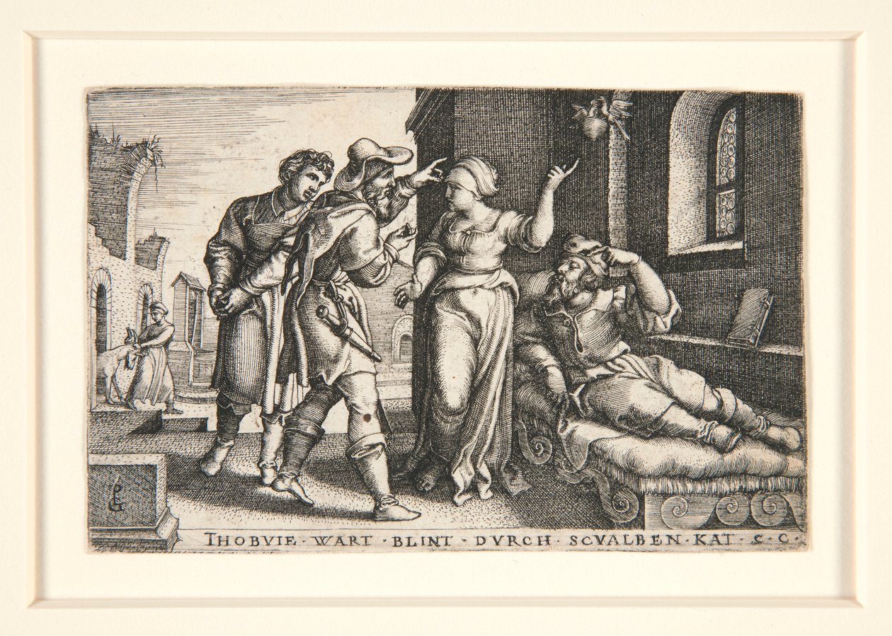 Tobit cegado, pl. 3 de la serie La historia de Tobías de Georg Pencz