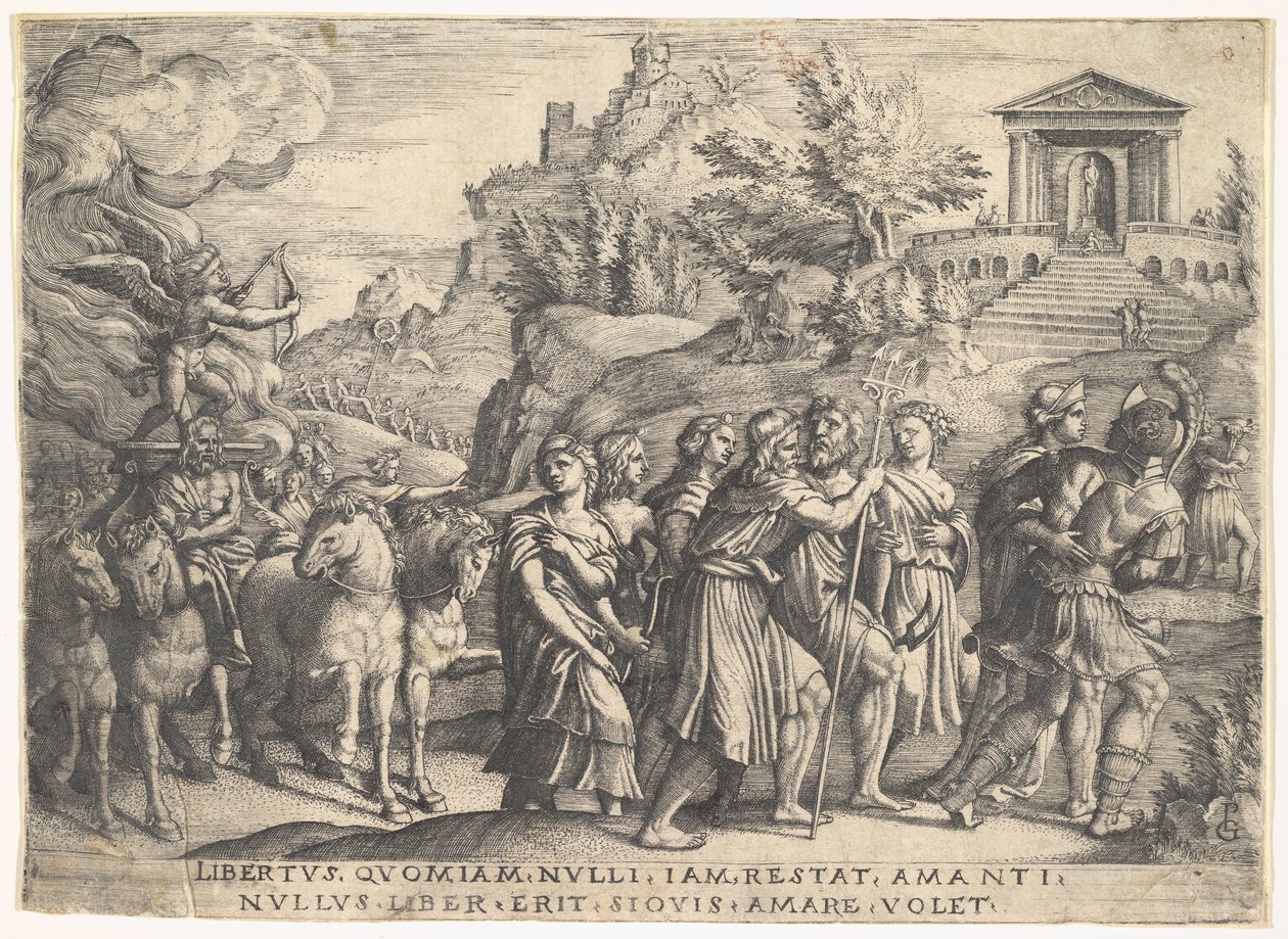 Triunfo del amor: cuatro caballos tiran de un carruaje con Cupido de pie sobre una plataforma humeante, ca. 1539 de Georg Pencz