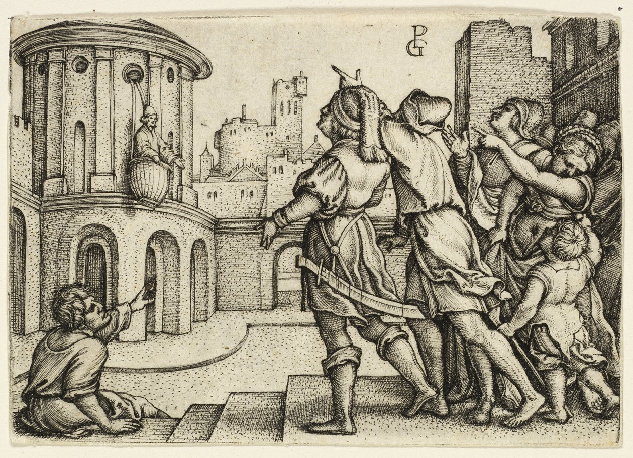 Virgilio el Mago colgando en la cesta de Georg Pencz