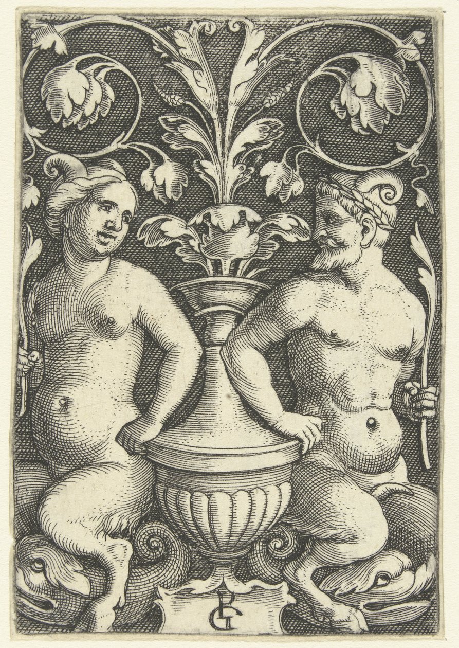 Sátiro femenino y masculino Decoraciones superficiales con grutescos y enredaderas de hojas (título de la serie) de Georg Pencz