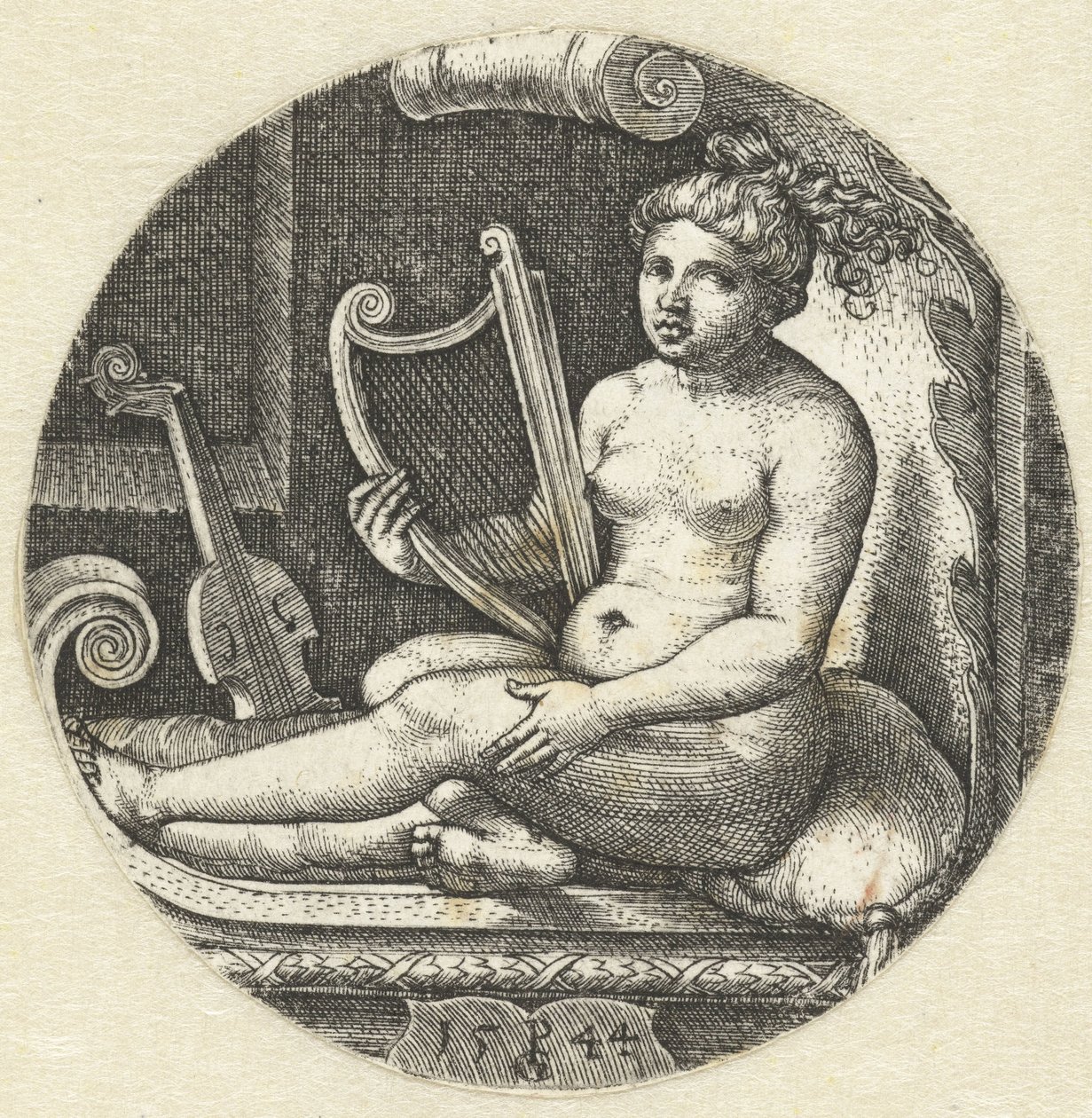 Mujer desnuda sentada con un arpa arpista de Georg Pencz