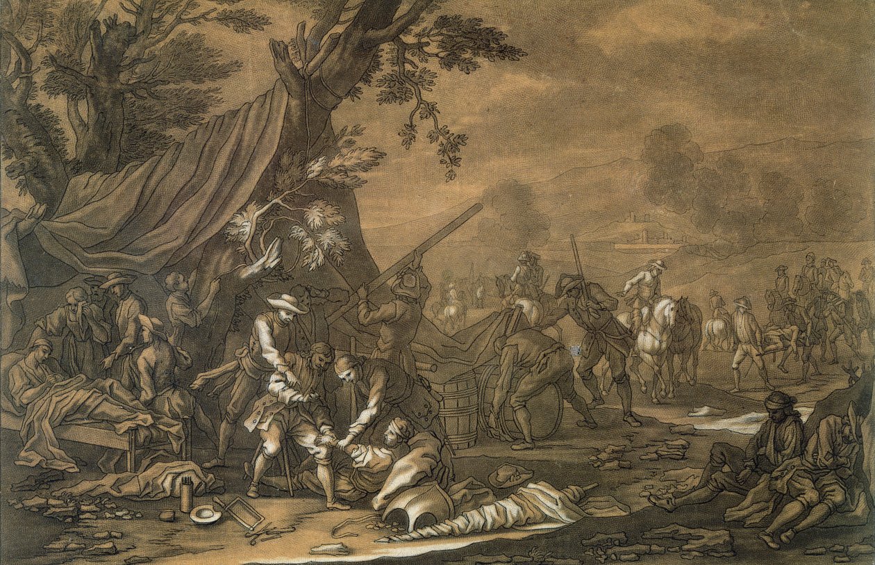 Cirujano militar del campo de batalla durante la Guerra de Sucesión Española, 1707, grabado por Christian Rugendas (1708-81) c.1740 de Georg Philipp I Rugendas
