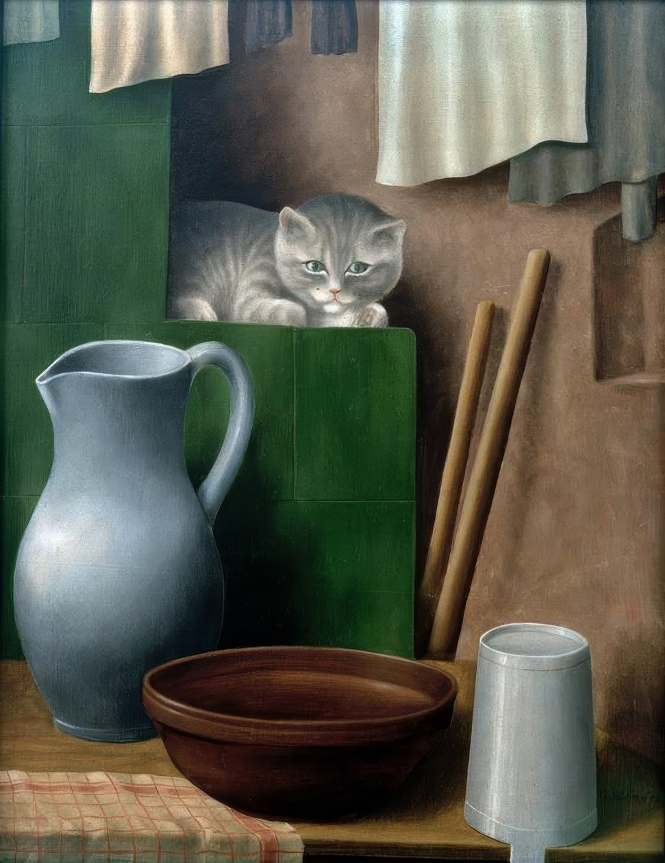 Naturaleza muerta con gato (Rincón del horno) de Georg Schrimpf