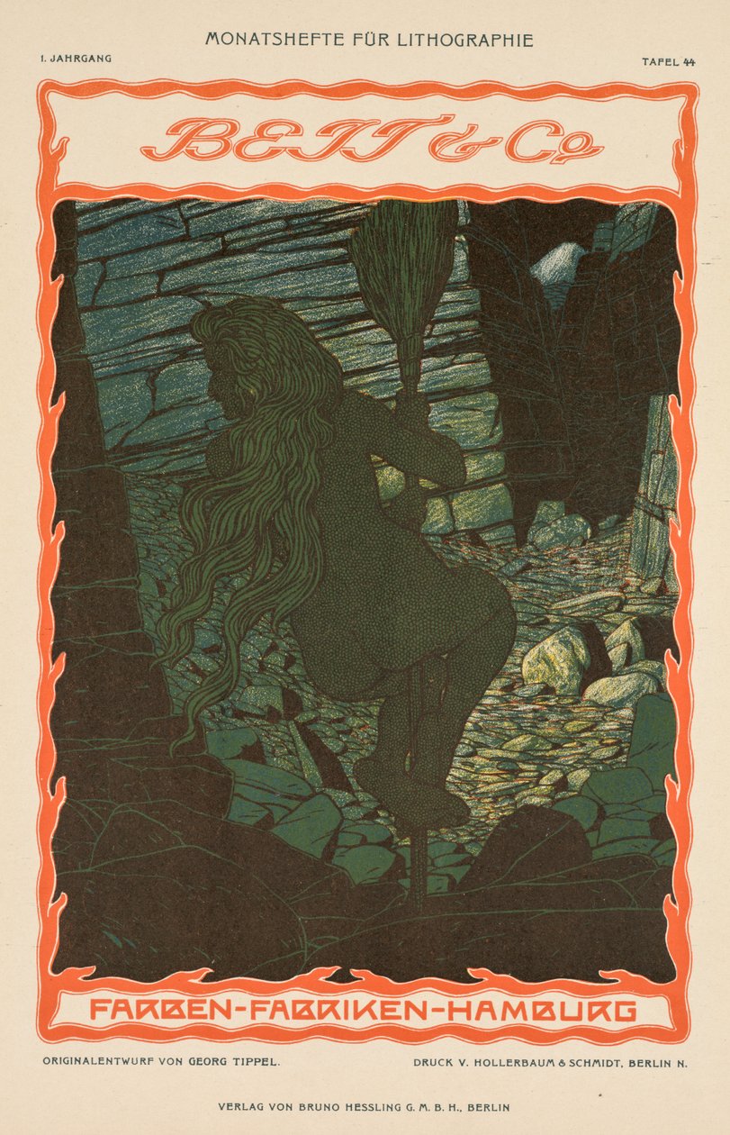 Mujer desnuda en un palo de escoba (de la serie de anuncios para telas de colores, Beit & Co., Hamburgo) de Georg Tippel