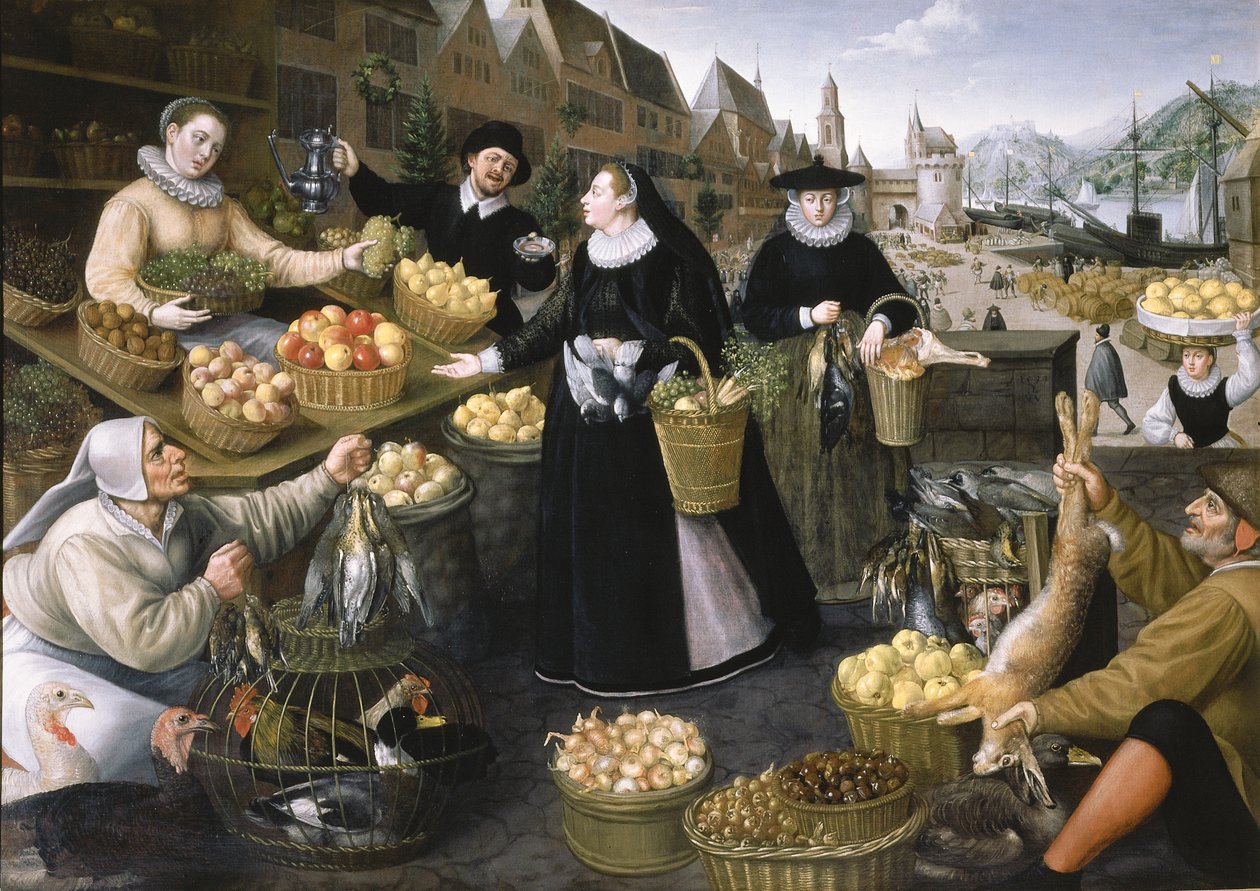 Una alegoría del otoño: un puesto de frutas y verduras sobre el Weinmarkt de Fráncfort del Meno de Georg and Valkenborch Lucas Van Flegel