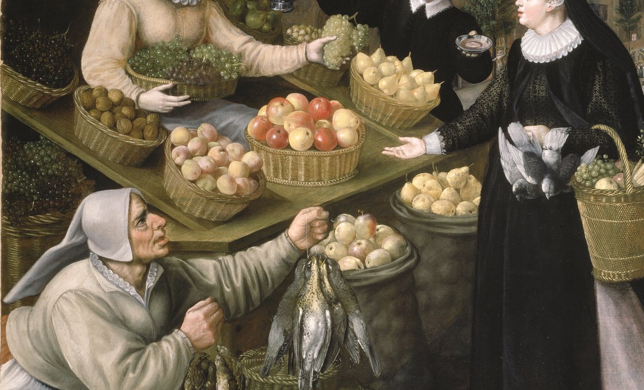 Una alegoría del otoño: un puesto de frutas y verduras sobre el Weinmarkt de Fráncfort del Meno de Georg and Valkenborch Lucas Van Flegel