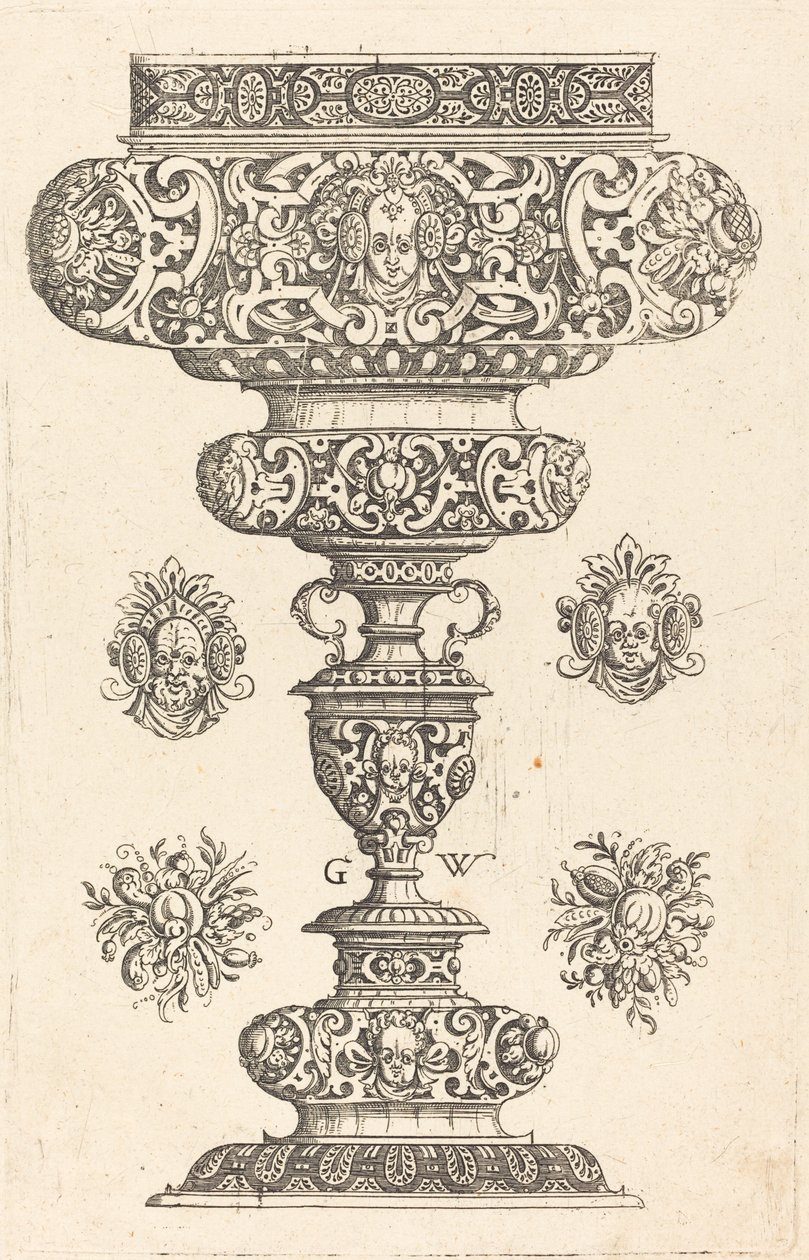 Copa, borde decorado con máscara y ramo de frutas de Georg Wechter I