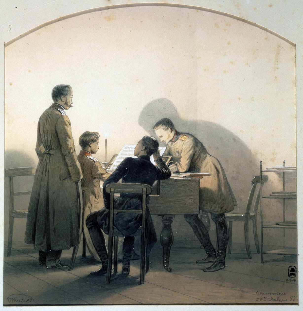 Al piano (Al piano). Soldados rusos tocando el piano durante la Guerra de Crimea. Pintura de George Wilhelm Timm (1820-1895). Acuarela y lápiz sobre papel, 20,8 x 20,1 cm de Georg Wilhelm Timm