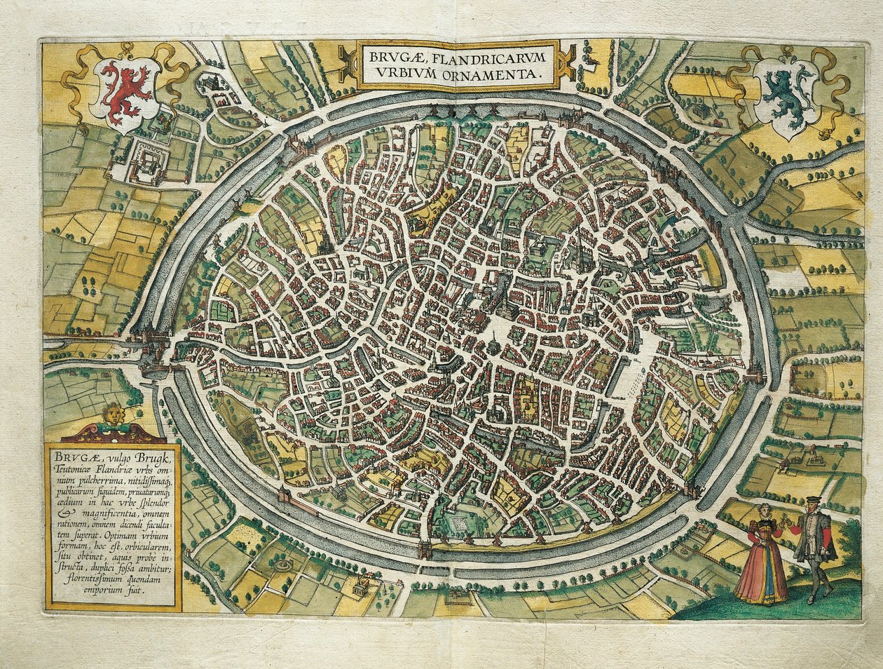 Bélgica, mapa de Brujas del Civitates Orbis Terrarum de Georg Braun y Franz Hogenberg, Colonia, grabado de Georg Braun and Hogenberg Franz
