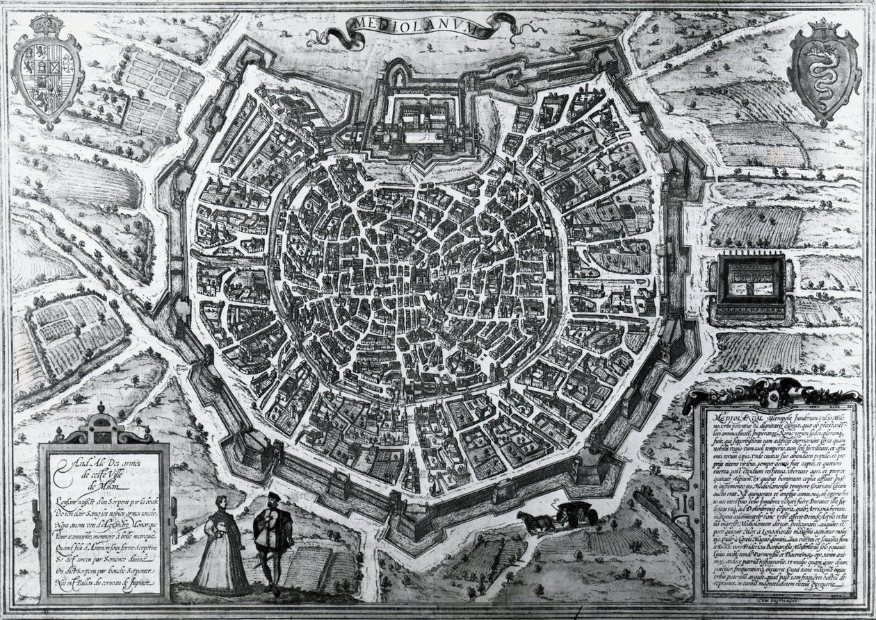 Mapa de la ciudad de Milán en 1572 de Georg Braun and Hogenberg Franz