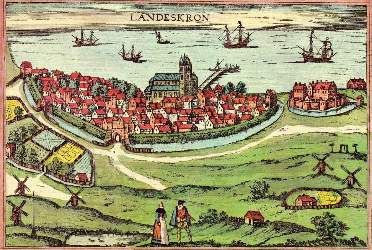 Ciudad de Landskrona, puerto antianseático, Dinamarca de Georg and Hogenberg Franz (1535 90) Braun