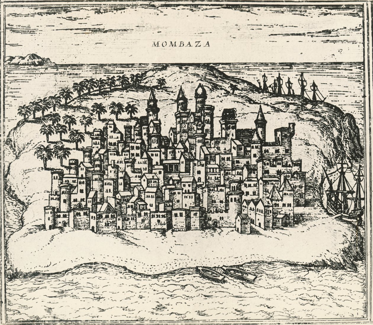 Ciudad de Mombasa en Kenia, grabado de Civitates Orbis Terrarum de Georg Braun and Hogenberg Franz