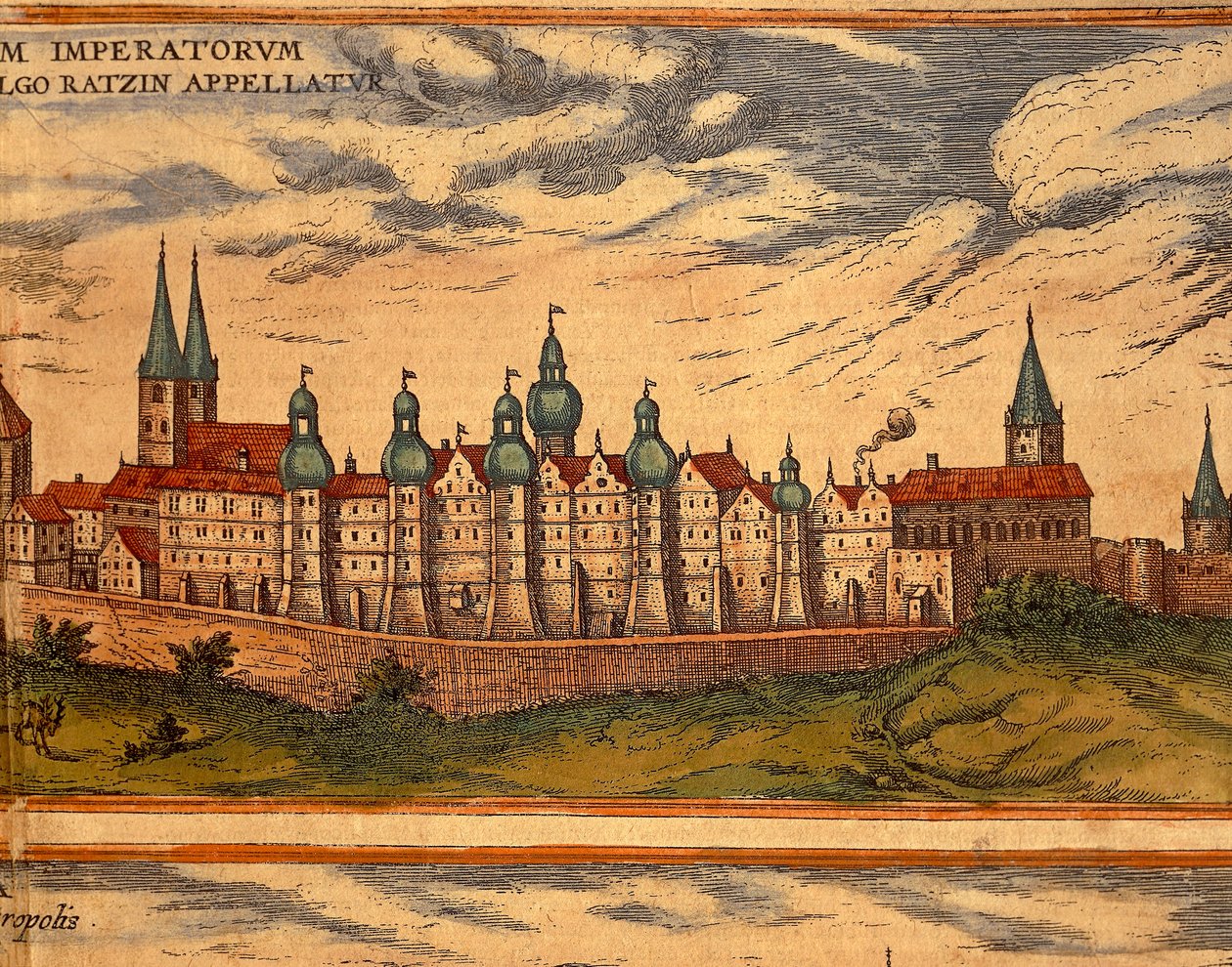 República Checa, Praga, Vista del Palacio, grabado en color del Civitates Orbis Terrarum por Georg Braun (1541-1622) y Franz Hogenberg (1535-1590) de Georg Braun and Hogenberg Franz