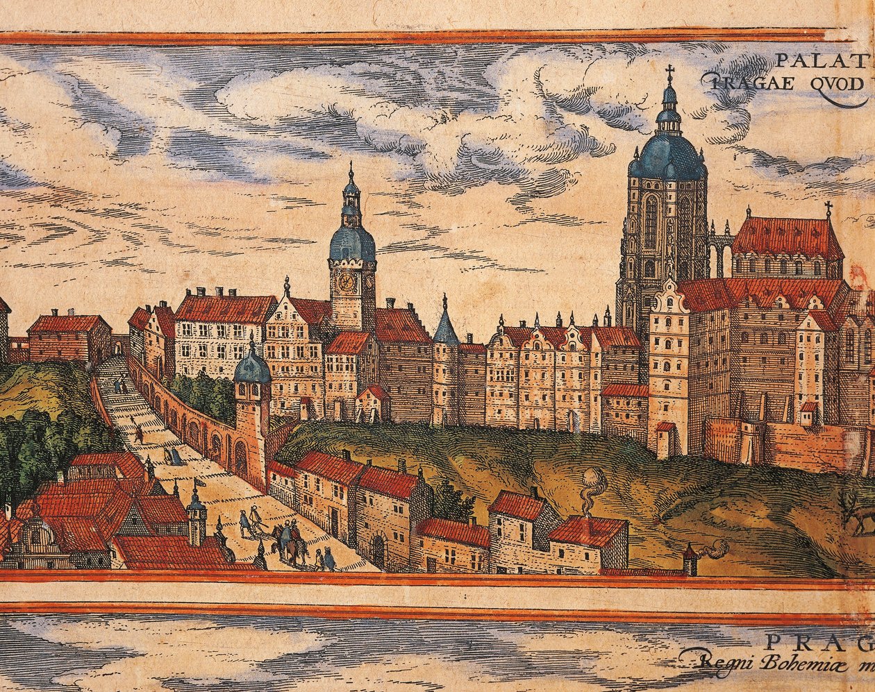 República Checa, Praga, Vista de la ciudadela, grabado en color de Civitates Orbis Terrarum por Georg Braun (1541-1622) y Franz Hogenberg (1535-1590) de Georg Braun and Hogenberg Franz