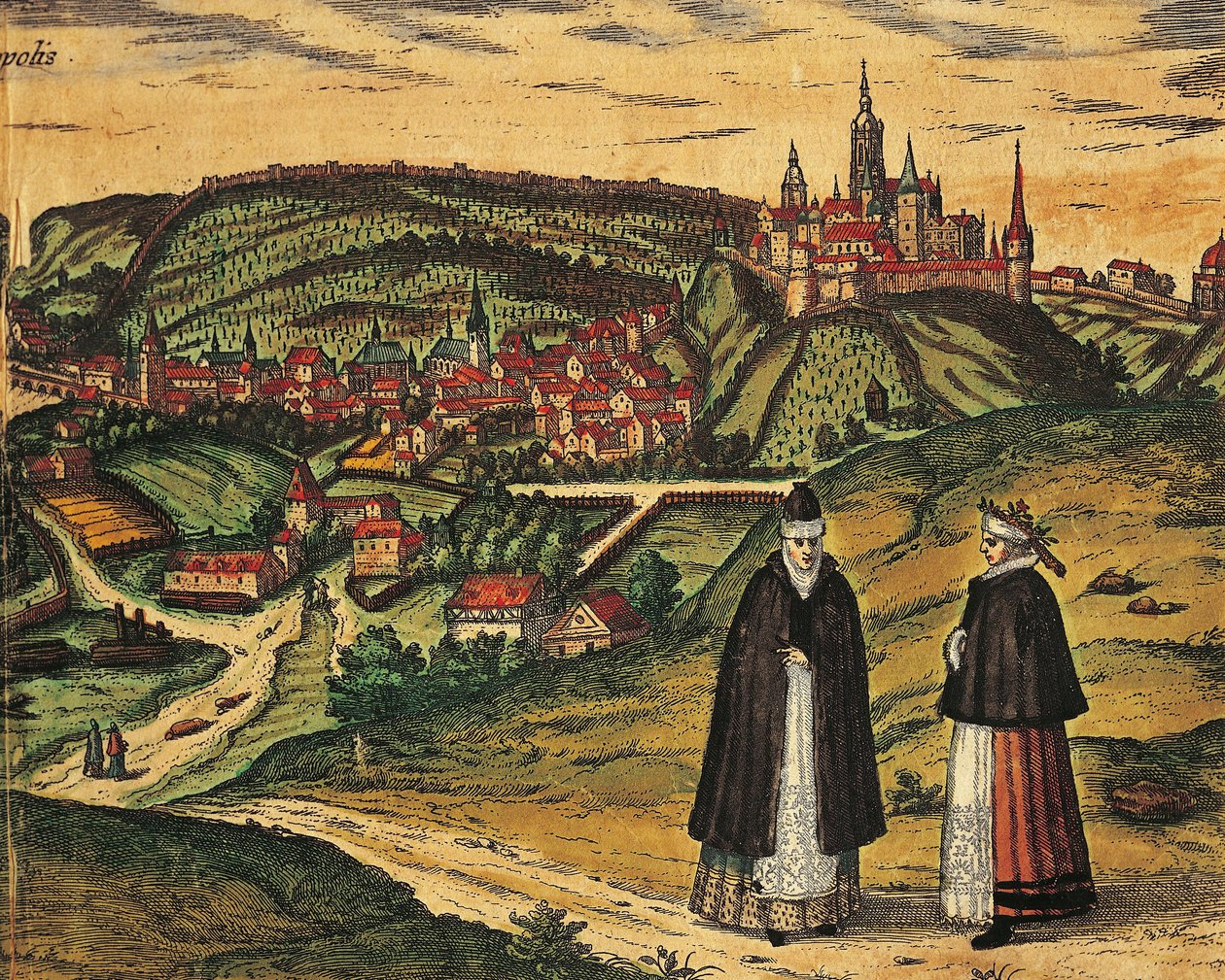 República Checa, Praga, Vista de la ciudad con la ciudadela al fondo, grabado en color de Civitates Orbis Terrarum por Georg Braun (1541-1622) y Franz Hogenberg (1535-1590) de Georg Braun and Hogenberg Franz