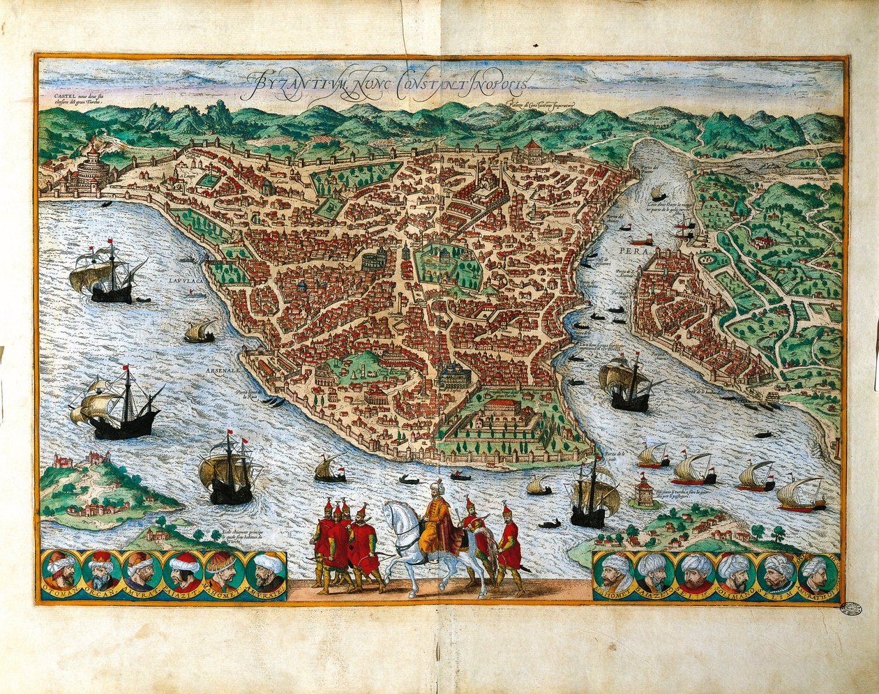 Italia, Milán, Vista en perspectiva de la ciudad de Constantinopla por Georg Braun (1541-1622) y Franz Hogenberg (1535-1590), grabado en color de Georg Braun and Hogenberg Franz
