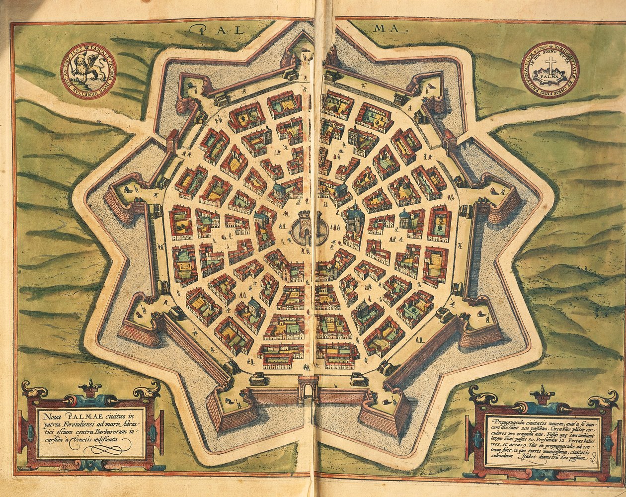 Italia, Palmanova, mapa, grabado de Civitates Orbis Terrarum por Georg Braun y Franz Hogenberg de Georg Braun and Hogenberg Franz