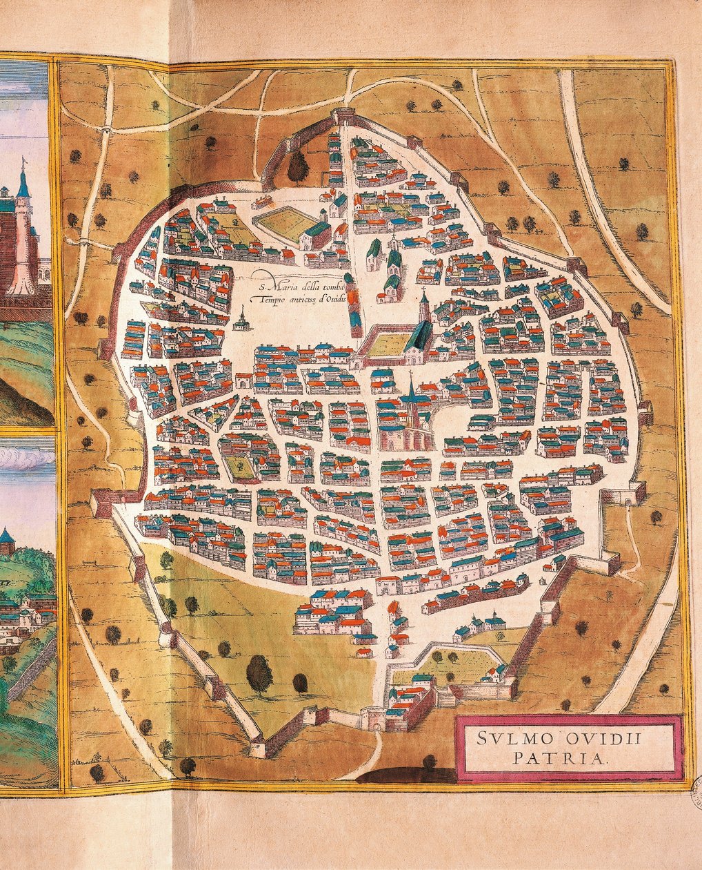 Italia, Sulmona, La ciudad de Sulmona de Civitates Orbis Terrarum por Georg Braun y Franz Hogenberg, grabado de Georg Braun and Hogenberg Franz