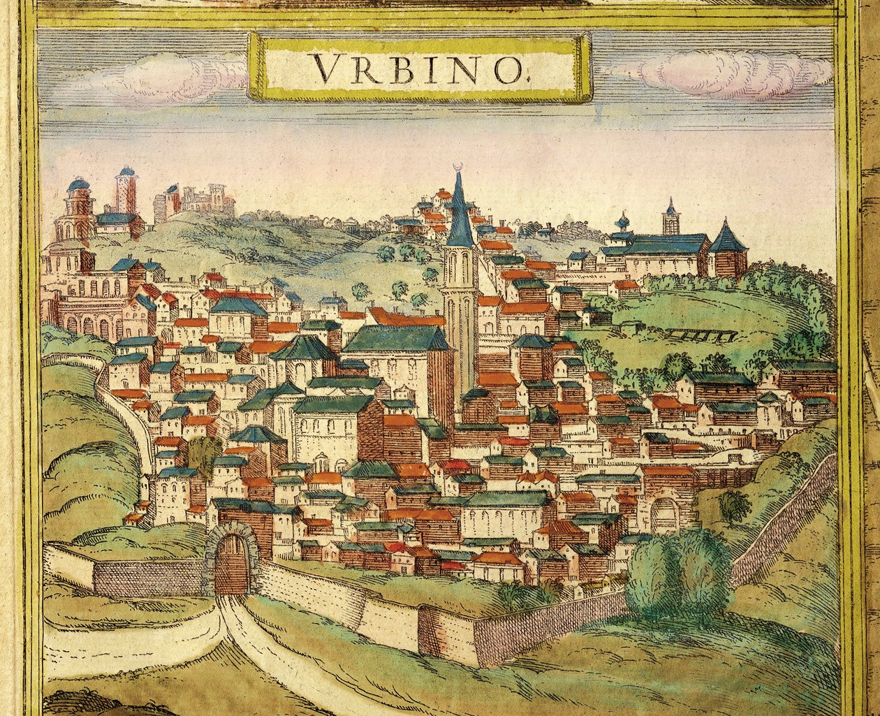 Italia, Urbino, Vista de la ciudad, grabado en color de Civitates Orbis Terrarum por Georg Braun y Franz Hogenberg de Georg Braun and Hogenberg Franz