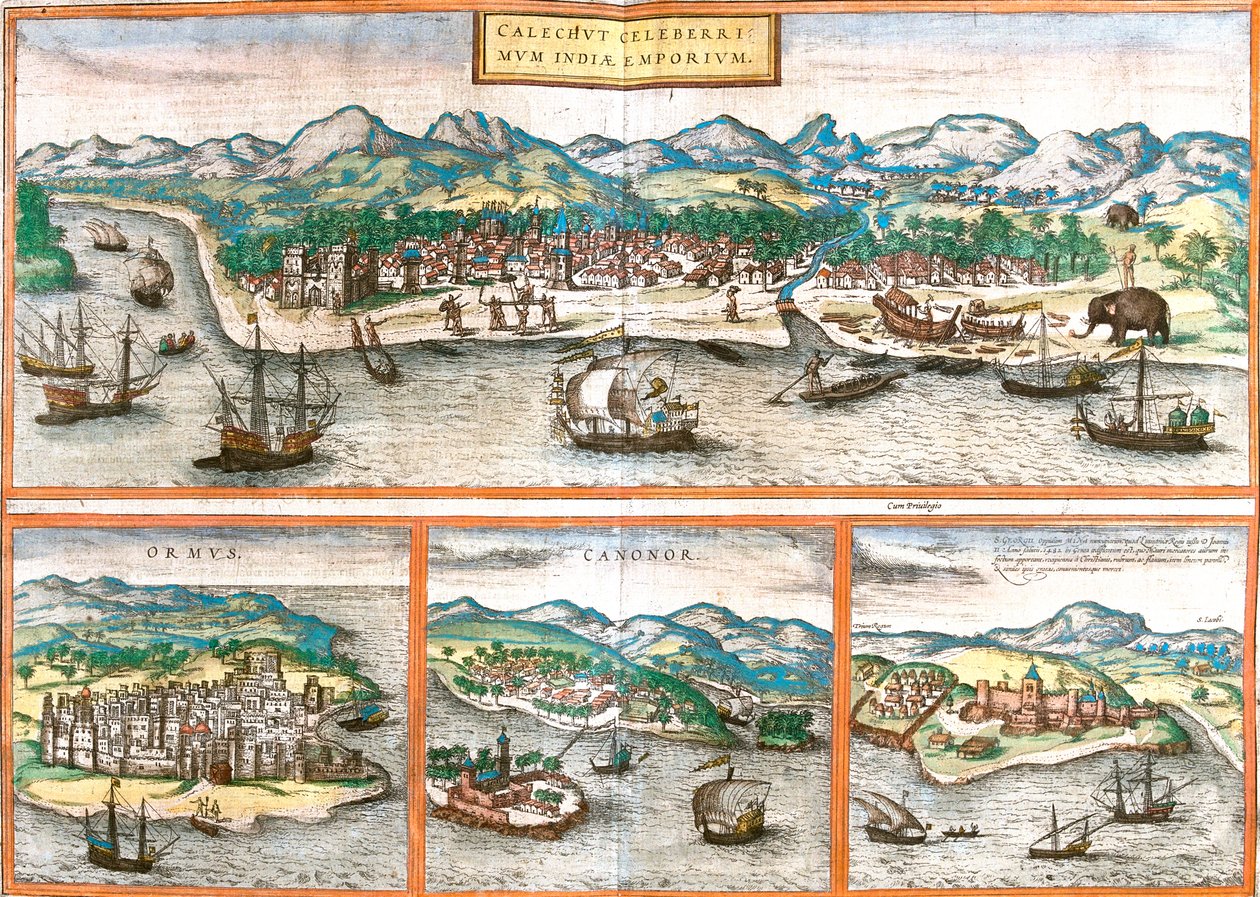 Kozhikode, Isla de Hormuz, Kannur, Elmina, India, Irán, Ghana de Georg and Hogenberg Franz (1535 90) Braun