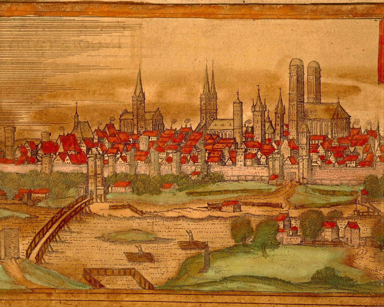 Mapa de la ciudad de Múnich de Civitates Orbis Terrarum por Georg Braun de Georg Braun and Hogenberg Franz