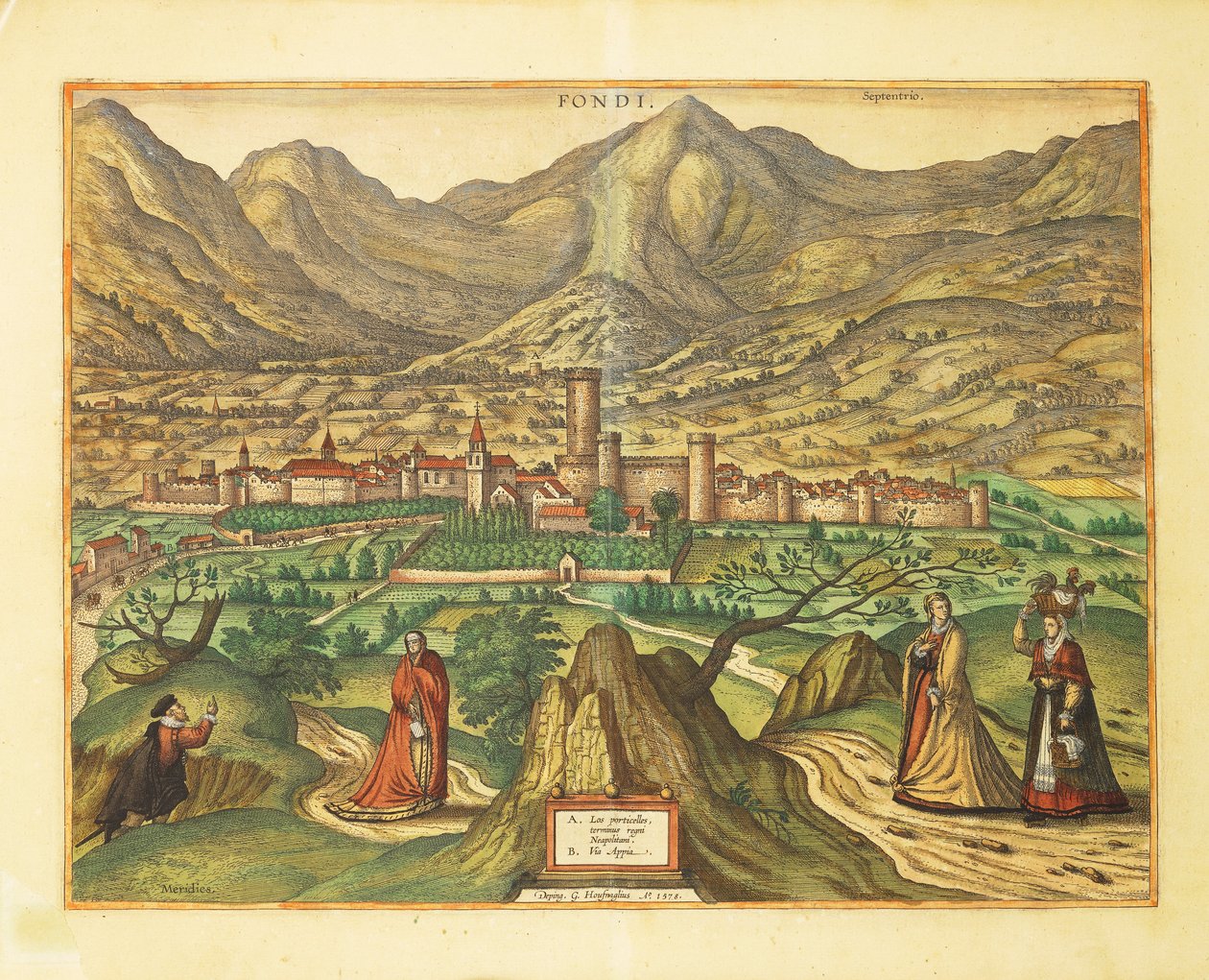 Mapa de Fondi, región de Lazio de Civitates Orbis Terrarum de Georg Braun and Hogenberg Franz