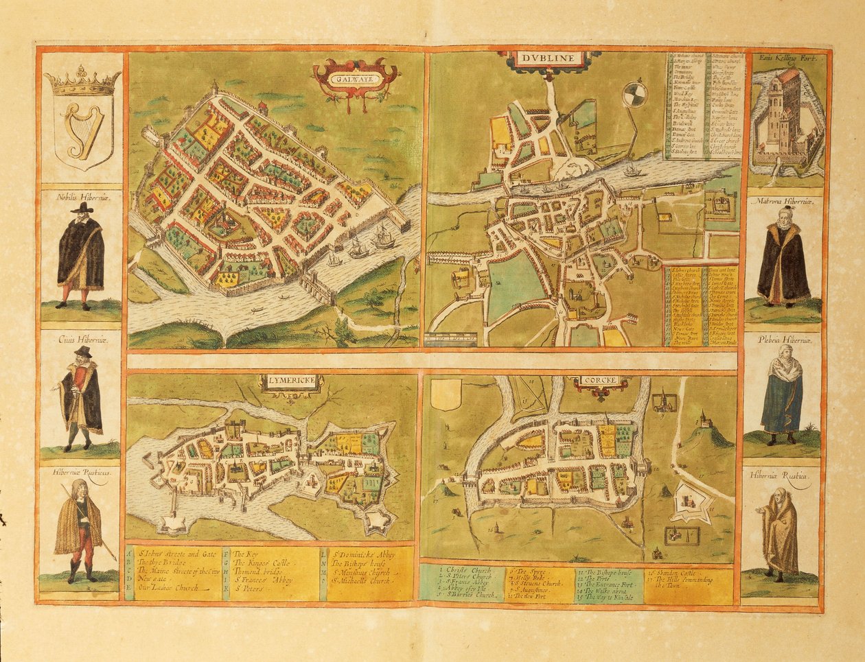 Mapa de Galway, Dublín, Limerick y Cork del Civitates Orbis Terrarum de Georg Braun de Georg Braun and Hogenberg Franz