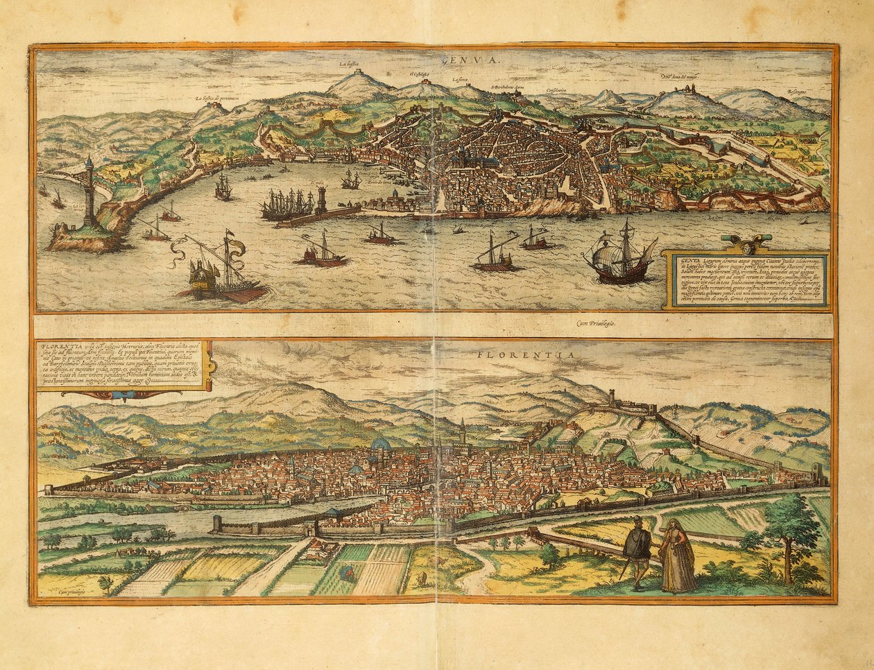 Mapa de Génova y Florencia de Civitates Orbis Terrarum por Georg Braun de Georg Braun and Hogenberg Franz