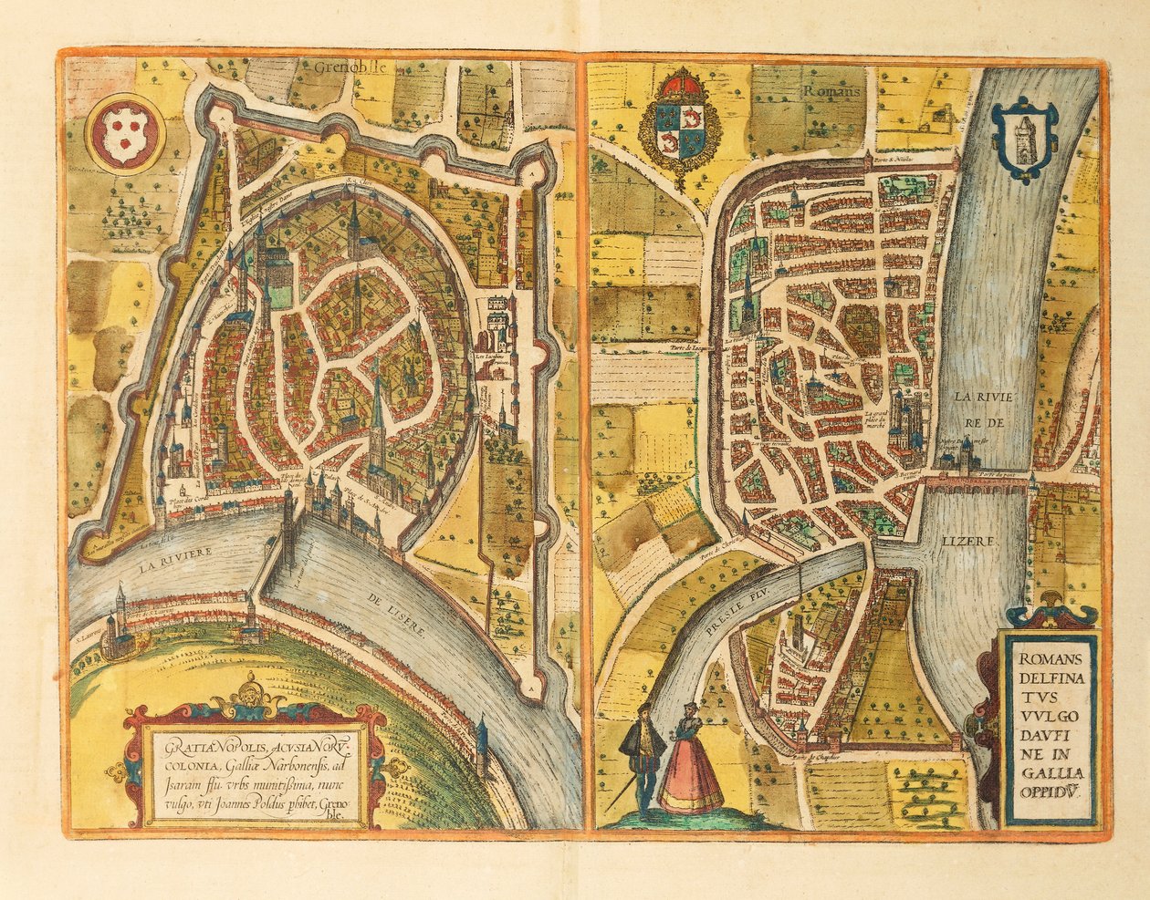 Mapa de Grenoble y Le Mans de Civitates Orbis Terrarum por Georg Braun de Georg Braun and Hogenberg Franz